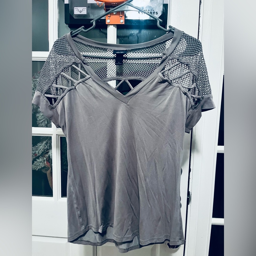 Daytrip Gray Mesh Accent Short Sleeve Top